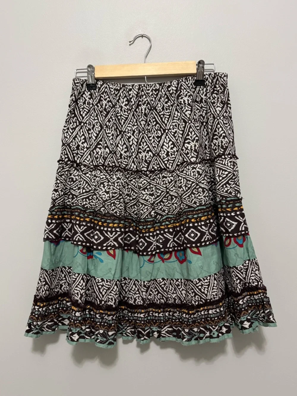 Vintage Boho Indie Hippie Festival Cotton Tiered Brown Teal Print Petite Skirt